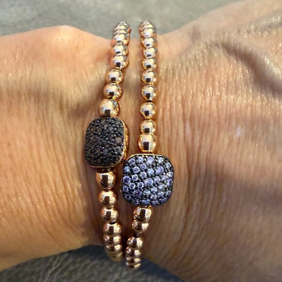 Two Italian SS Rose Gold-Plated Bead Bracelets w/Pave Set Swarovski Crystal NWOT - Picture 3 of 5